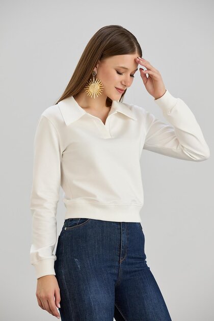 Kadın Gömlek Yakalı İki İplik Ekru Renk Basic Sweatshirt