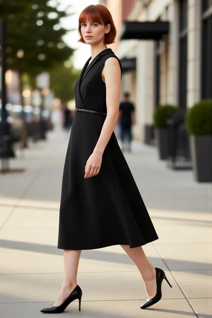Women's Black Midi Skater Dress with Belted Jacket Collar Design Is a Stylish and Modern One Suitable for Business Environments