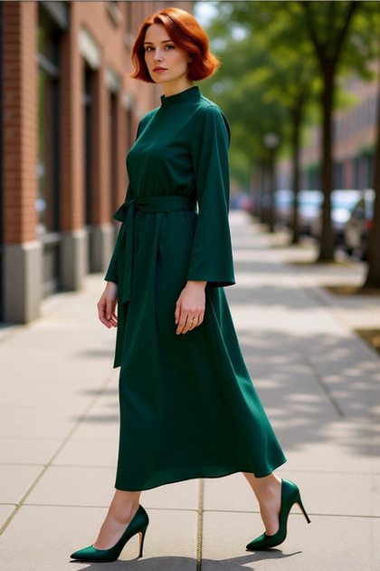 Women's Khaki Mock Neck Belted Skater Woven Maxi Length Dress Long Spanish Sleeve Casual Chic