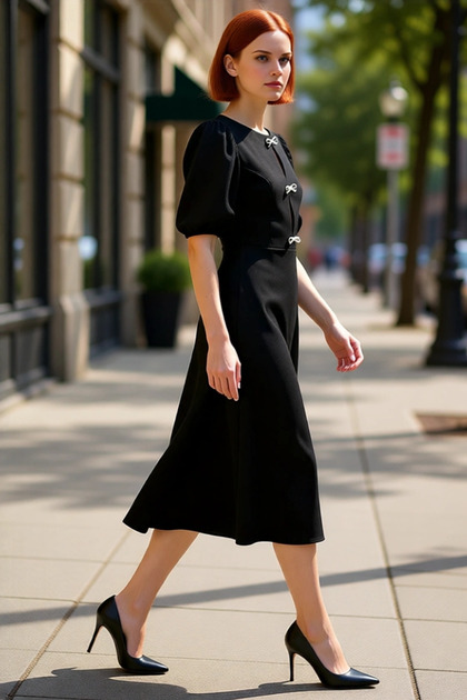 Women's Skater Midi Crew Neck Balloon Sleeve Bow Skirt Stylish Evening Cocktail Dress with Slit at Waist