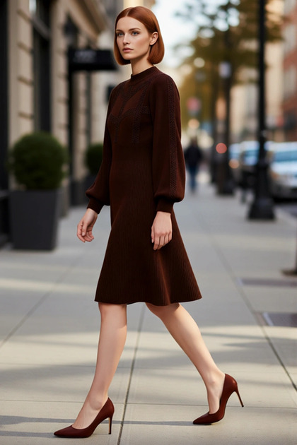 Beige Color A-Line Balloon Sleeve D Mock Neck Acrylic Knitwear Mini Dress Winter Combinations for Women.