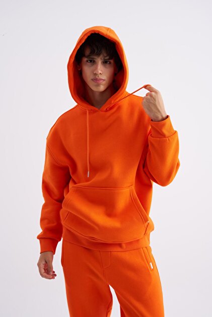 Machinist Erkek Basic Kapüşonlu Oversize Turuncu Sweatshirt