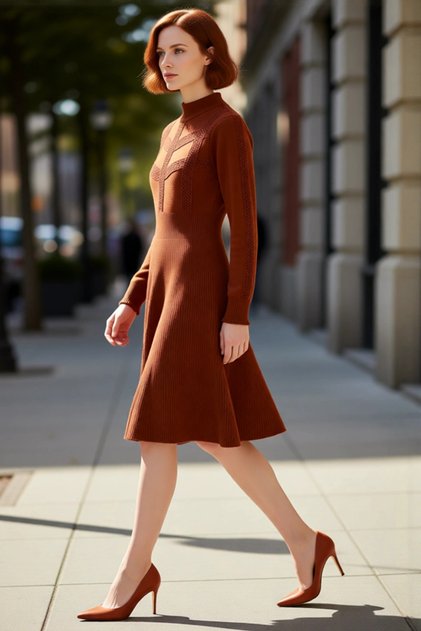 Beige Color A-Line Balloon Sleeve D Mock Neck Acrylic Knitwear Mini Dress Winter Combinations for Women.