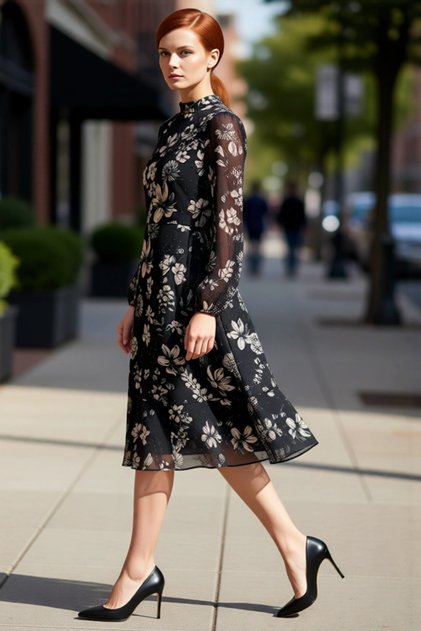 Women's Shawl Patterned Lined Flounced Chiffon Midi Dress Mock Neck Long Balloon Sleeves A-Line Quality