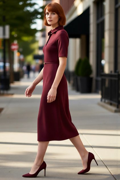Women's a Line Cut Short Sleeve Polo Neck Belted Midi Dress Half Placket Button Interlock Woven