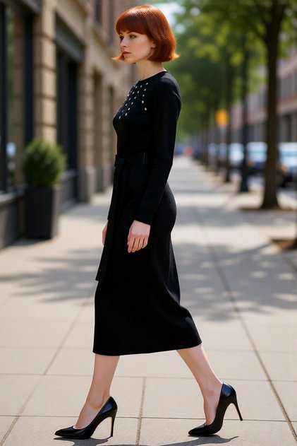 Women's Knitwear Stone Detailed Belted a Line Maxi Length Dress Stylish Winter Ideal for Hijab Clothing