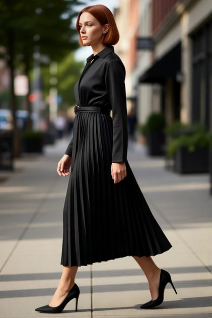 Women's Skater Fit Long Sleeve Belted Pleated Skirt Jacket Collar Crinkle Woven Midi Dress Good Quality