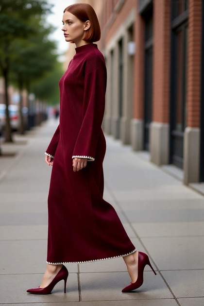 Women's Plain Pattern Mock Neck Long Low Sleeve Maxi Length Shift Fit Acrylic Knitwear Dress Casual Chic