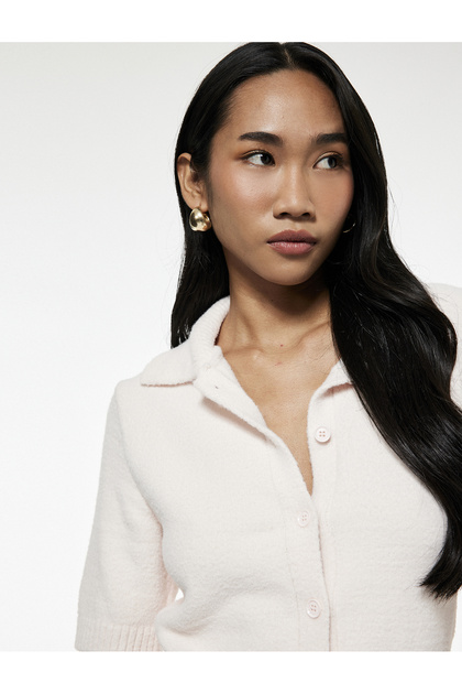 Buttoned Short Sleeve Polo Neck Knitwear Plush Cardigan
