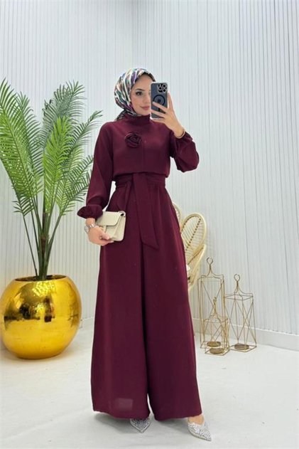 Women's Burgundy Belted Rose Detailed Loose Jumpsuit Dpms003