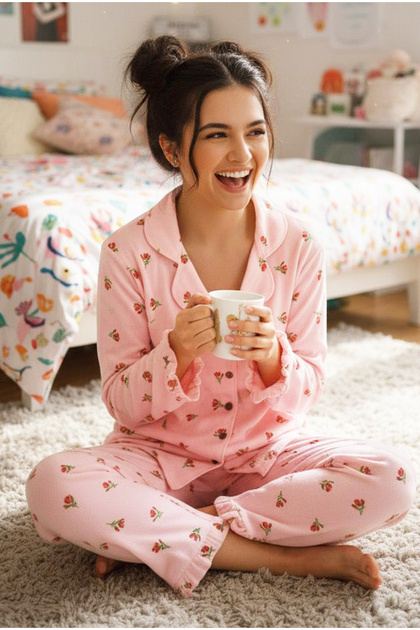 Pink Tulip Patterned Bürümcük-Krınkıl Long Sleeve Buttoned Pajama Set 7931