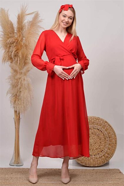 red long dress with long sleeves Benitta