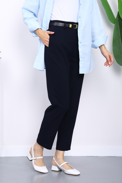 Navy Blue Belted Front Pleated Carrot Fabric Trousers