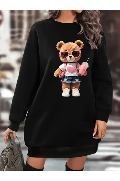 Cartoon Bear Printed Sweatshirt Dress Women