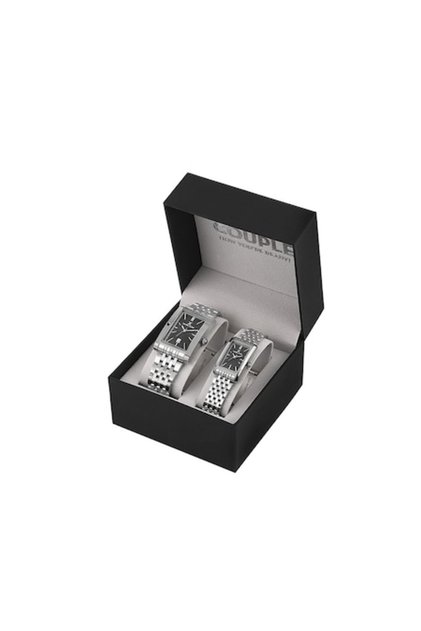 Set de ceasuri pentru cuplu DK.1.14011.2 – carcasă argintie dreptunghiulară, cadran negru, aur inoxidabil