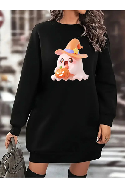 Women's Halloween Ghost Sweatshirt Dress - Black