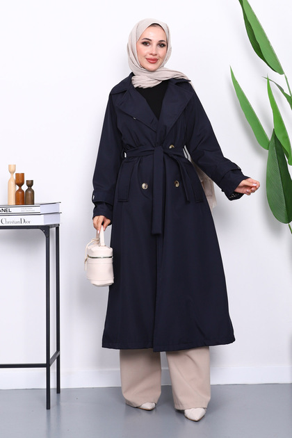 Navy Blue Kravuze Collar Belted Lined Trench Coat