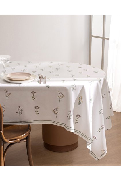 Ceran Polycotton Tablecloth - White/Khaki - 160X250 cm