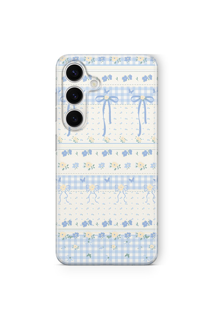 Samsung Galaxy A57 Compatible Blue Bow and Flower Pattern Transparent Phone Case