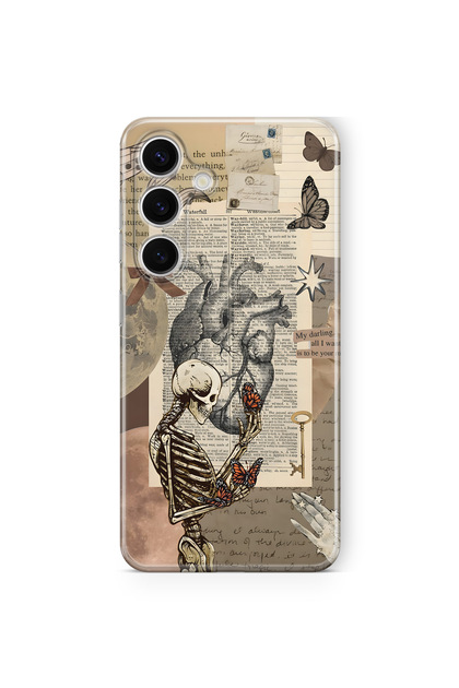 Samsung Galaxy A57 Compatible Vintage Skeleton and Butterfly Pattern Transparent Phone Case