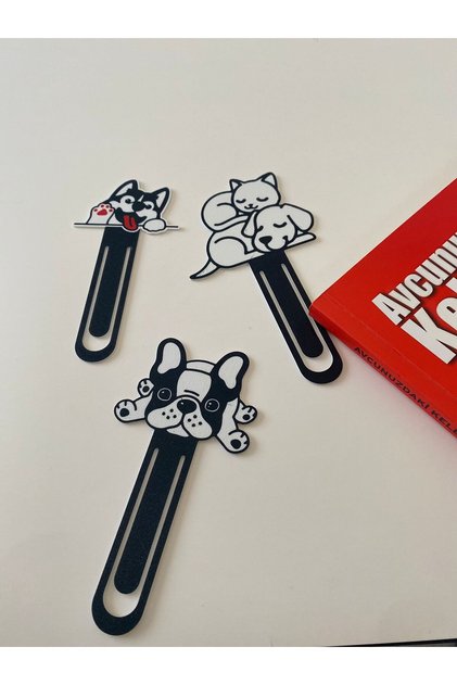 Children's Cat and Dog Designed Bookmarks Set of 3 - Black and White Gift
