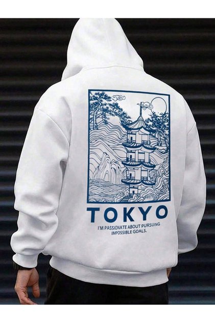 Unisex Oversize Tokyo Printed Hooded White Sweatshirt