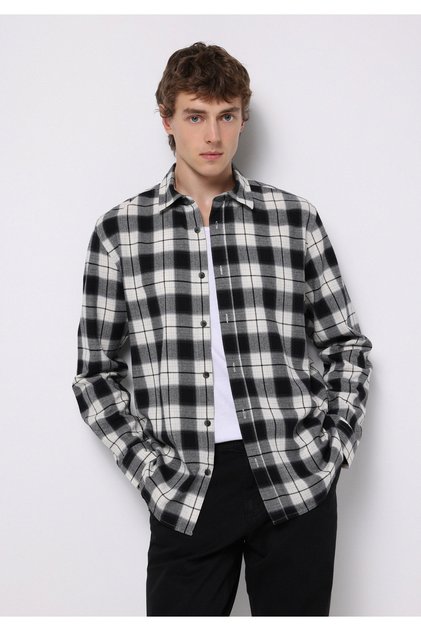 Regular Fit Shirt Neck Plaid Men's Black Long Sleeve Shirt