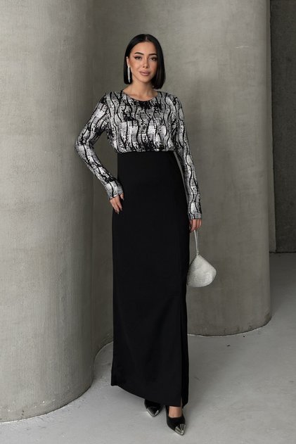 Black Gold Patterned Long Sleeve Stylish Maxi Evening Dress