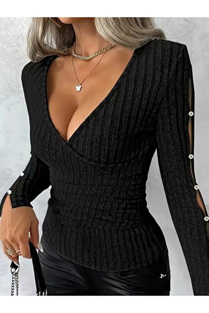 Women's Long Sleeve Double Breasted Collared Pearl Embellished Camisole Blouse