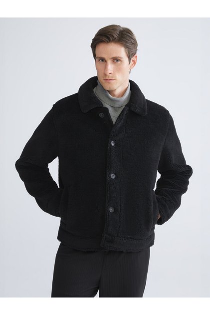 Lcw Vision Black Standard Fit Shirt Collar Plush Men's Coat