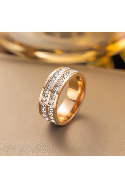 Inel Duo cu Diamante, Cristale de Zirconiu, Femei, Oțel Inoxidabil, Aur Roz - Mărime 6 (57mm)