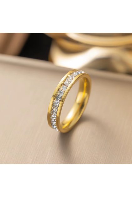 Inel cu diamant Uno, cristale de zirconiu, femei, oțel inoxidabil, aur - mărimea 8 (62 mm)