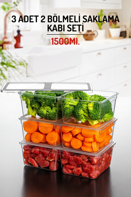 3 Pieces, 2 Compartments, 1.5 Liters. Storage Container Set - Suitable for Freezer Use