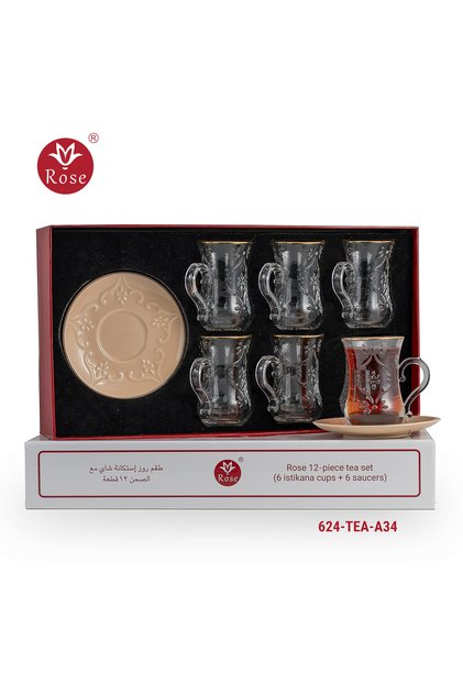 Tea set consisting of 6 teacups and 6 saucers with distinctive classic engravings, Rose - 624