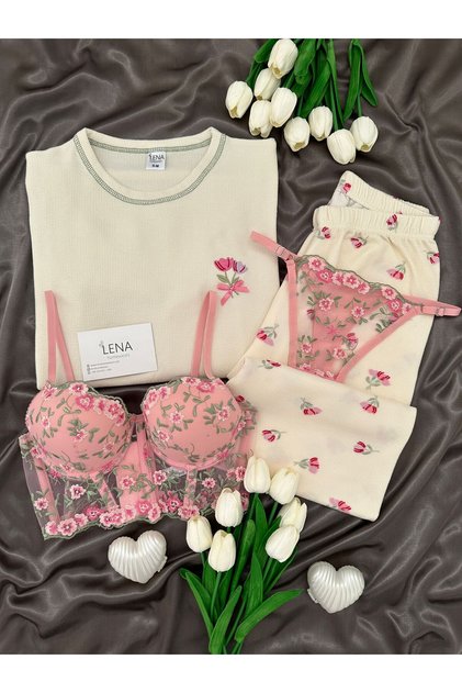 Kadın İç Çamaşırlı Ekru Waffle Premium Pijama Seti
