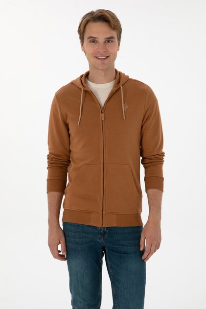Men's Regular Fit Zippered Hooded Camel Knitted Cardigan 50313748-Vr233