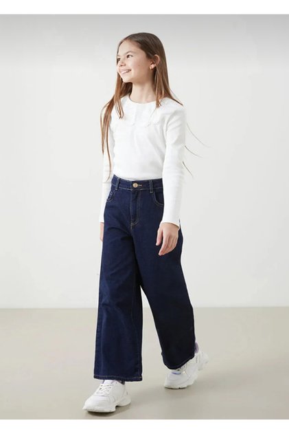 Girl's Dark Blue Mid Rise Baggy Jean Trousers