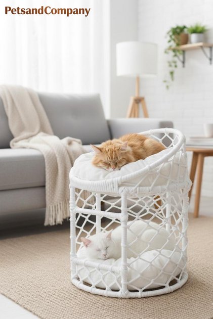 Lüks İki Katlı Kedi Evi, El Yapımı Özel Tasarım Örgü Kedi Yatağı, Modern Kedi Kulübesi Beyaz