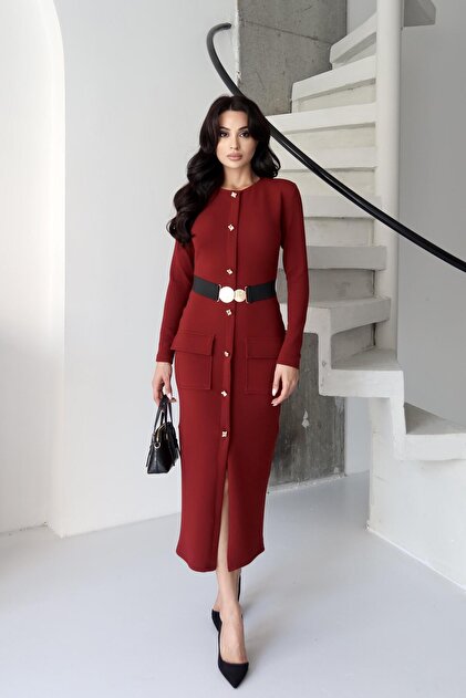 Burgundy Buttoned Dress with Elastic Waistband Detail