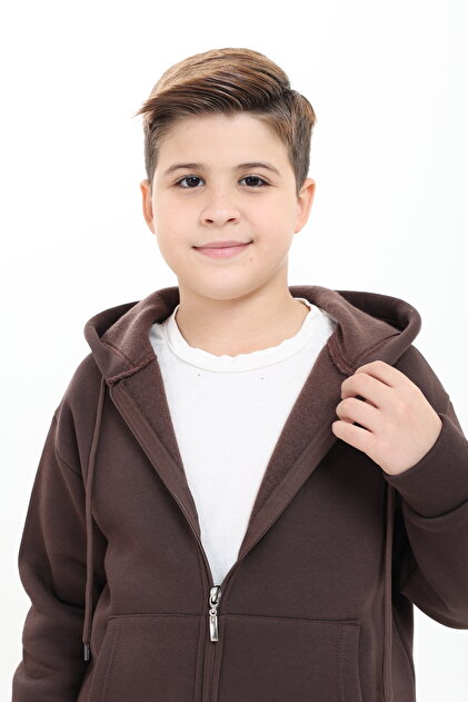 %100 Organik Pamuk, 3 iplik içi Polarlı, Kapüşonlu, Fermuarlı, Kanguru Cepli Çocuk Sweatshirt Hırka