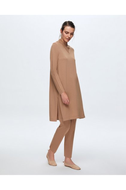 T24K-6031 V Yaka Uzun Triko Tunik COMO-CAREMEL
