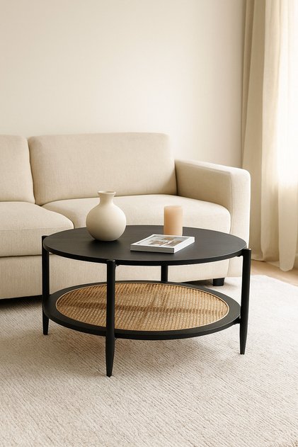 Round Black Coffee Table with Rattan Shelf – Modern Wooden Center Table for Living Room 100×45 cm