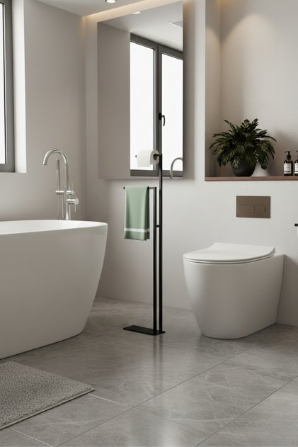 Modern Metal Design Pedestal Bathroom Hanger and Toilet Paper Holder Set 105X25X15