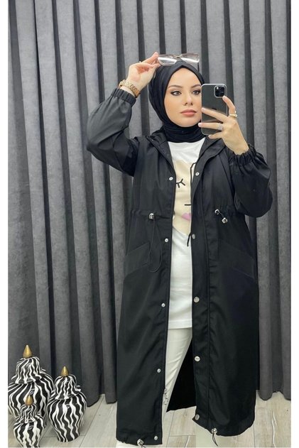 Women's Waist Elastic Detailed Hidden Zipper Hooded Trench Coat