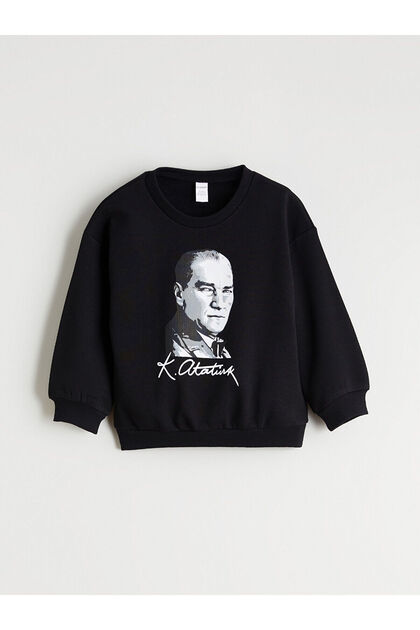 Crew Neck Long Sleeve Ataturk Printed Baby Girl Sweatshirt