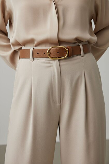 Women's Tan Oval Gold Buckle Belt