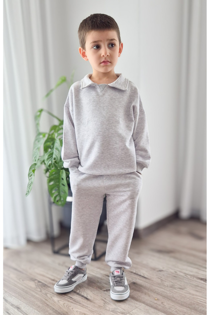 Shirt Collar Karmelange Tracksuit Set Triangle Ribbed Knit Detailed (3-9 Years)
