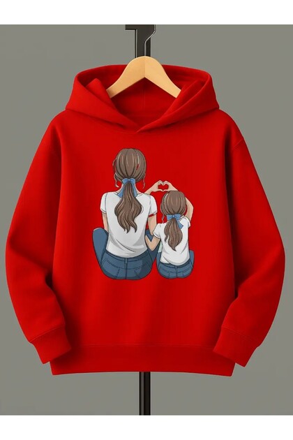 Mother Daughter Heart Detailed Patterned Hooded Sweatshirt