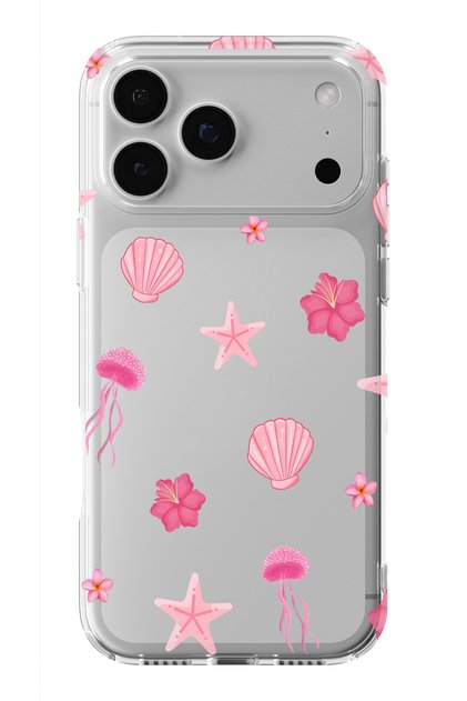 iPhone 18 Pro Compatible Pink Sea Theme Patterned Transparent Phone Case