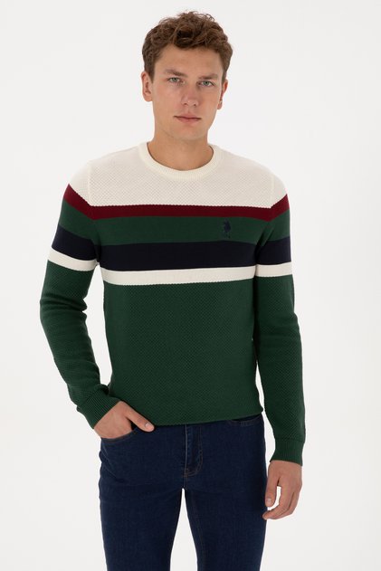 Men's Slim Fit Crew Neck Dark Green Sweater 50308234-Vr079
